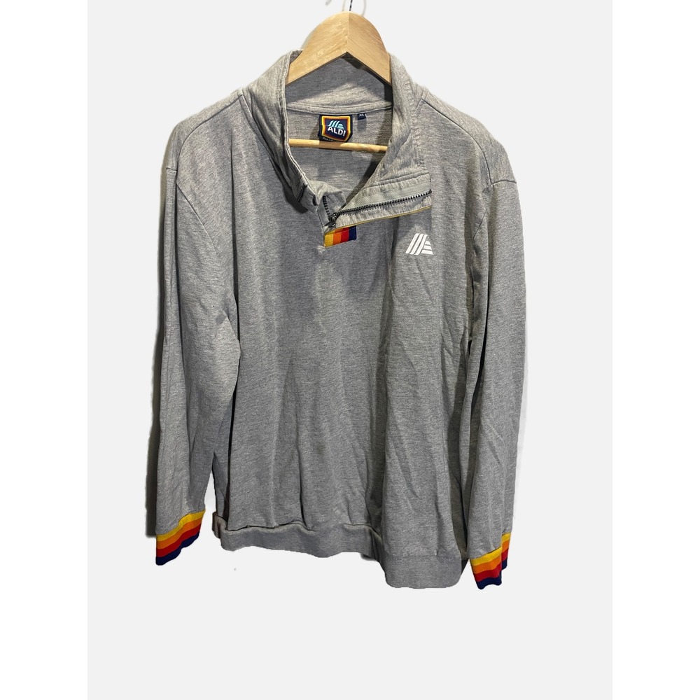 Aldi Gear Womens XL Quarter Zip Sweatshirt Gray Rainbow Stripe Cuffs Pullover‎